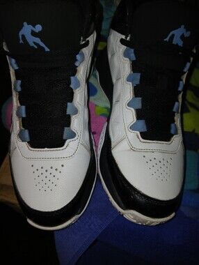 Mens White and Black Athletic Sneakers with Light Blue Accents